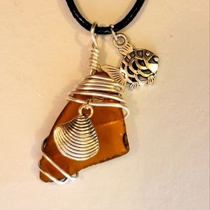 Wire Wrapped Maine Sea Glass Necklace With Sea Shell and Fish Charm